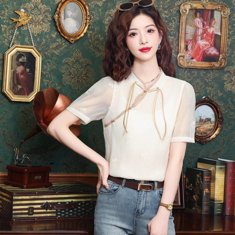 여름 여성 시스루 차이나카라 매듭 단추 블라우스 탑 플라워 패턴 아이보리 - 상세 이미지 2