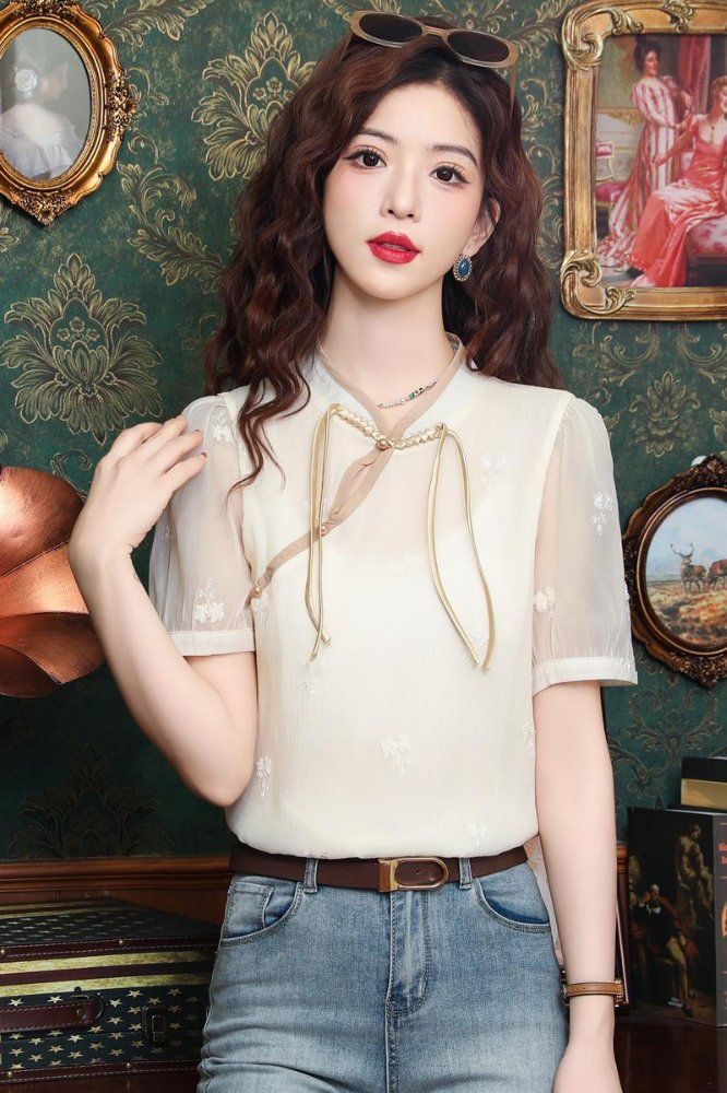 여름 여성 시스루 차이나카라 매듭 단추 블라우스 탑 플라워 패턴 아이보리 - 상세 이미지 5