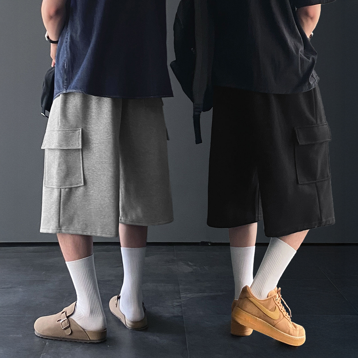 1+1 카고반바지 남자버뮤다팬츠 와이드반바지 회색반바지 - 상품 이미지
