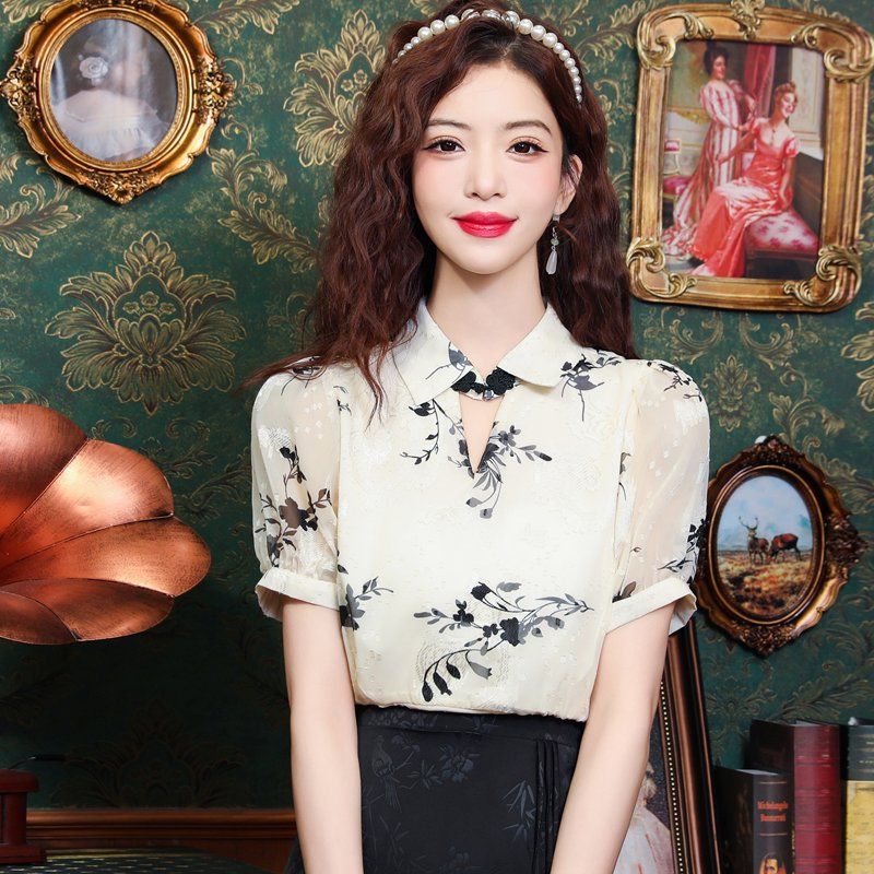 여름 여성 플라워 패턴 반팔 블라우스 셔츠 카라넥 V넥 퍼프소매 아이보리 플라워 - 상세 이미지 4