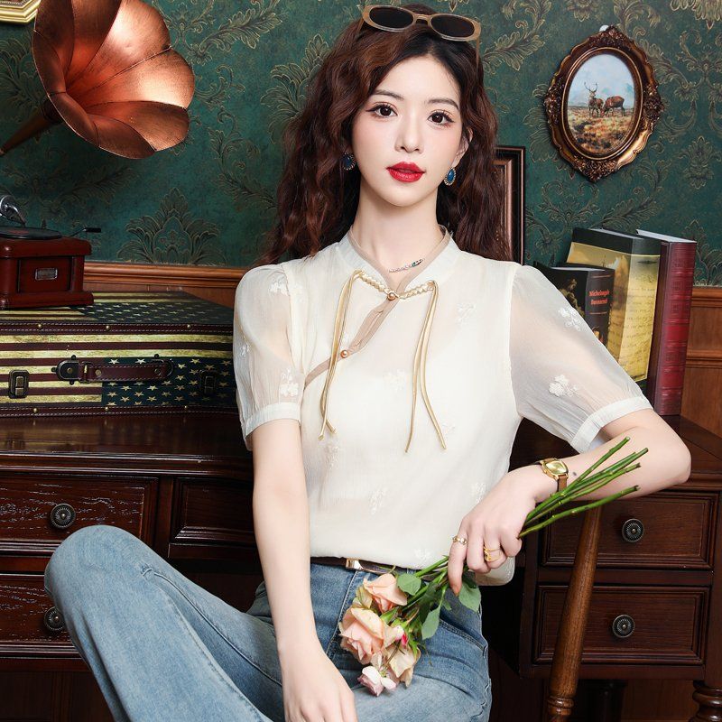 여름 여성 시스루 차이나카라 매듭 단추 블라우스 탑 플라워 패턴 아이보리 - 상세 이미지 4