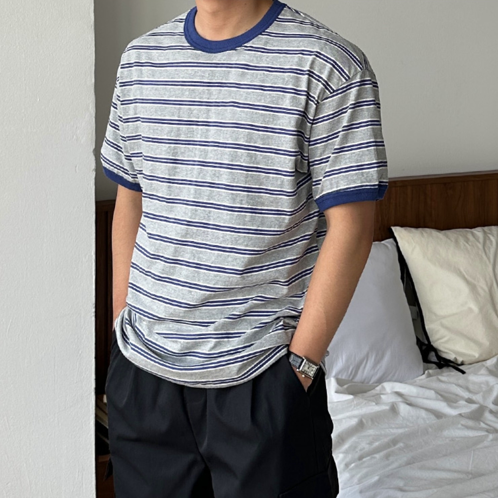 남자 데키 오버핏 여름 단가라 반팔 티셔츠 - 상세 이미지 5
