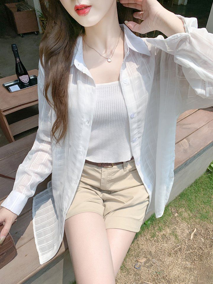 여름 여성 루즈핏 중기장 긴팔 시스루 카라 스트링 단추 격자 블라우스 셔츠 화이트 - 상세 이미지 3