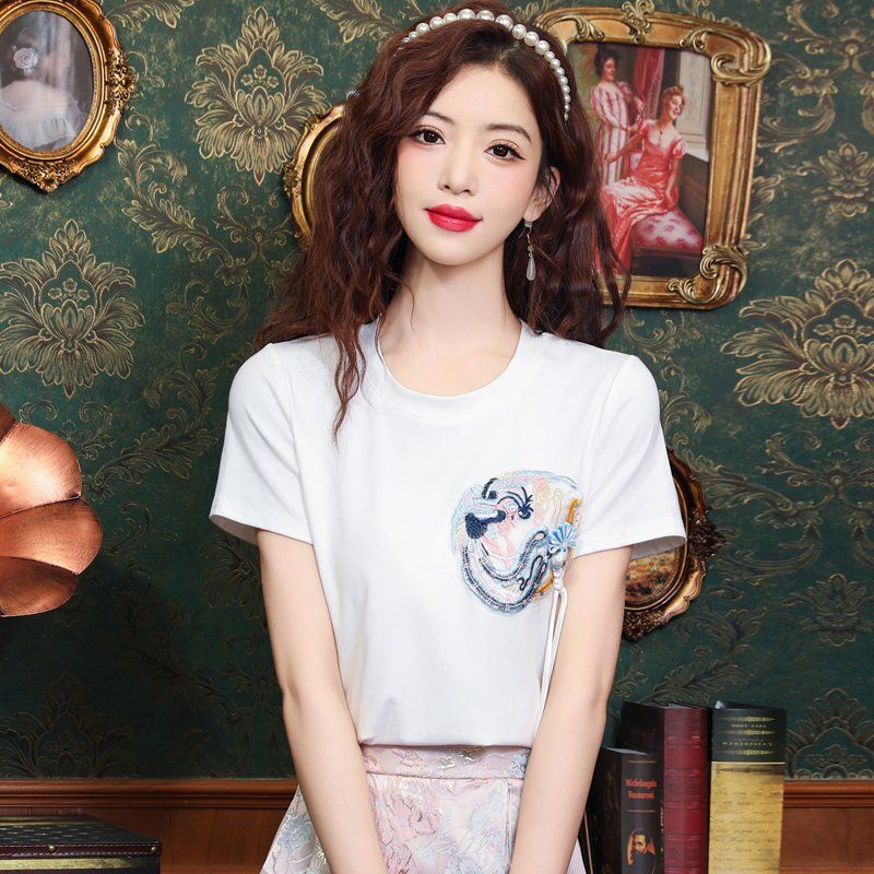 여름 여성 용봉 자수 라운드넥 반팔 티셔츠 스트링 기본핏 데일리 캐주얼 화이트 - 상세 이미지 4