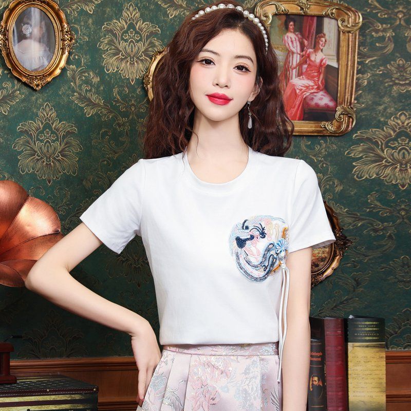 여름 여성 용봉 자수 라운드넥 반팔 티셔츠 스트링 기본핏 데일리 캐주얼 화이트 - 상세 이미지 2