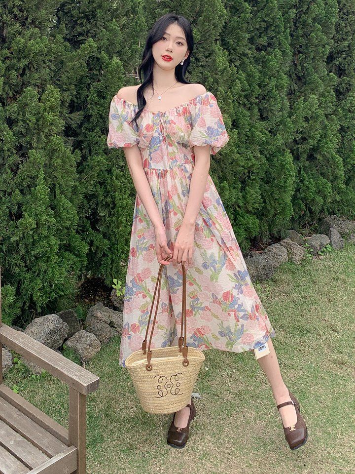 여름 여성 오프숄더 퍼프소매 플라워 패턴 롱 원피스 A라인 밴딩 데일리룩 아이보리 플라워 - 상세 이미지 5