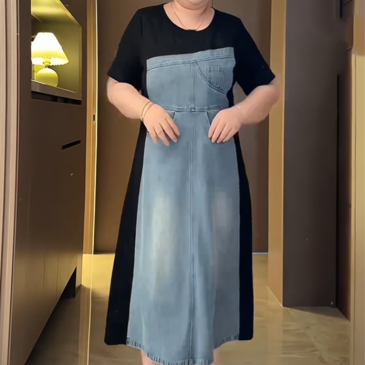 데님 블랙 배색반팔롱원피스 빅사이즈 4XL까지 루즈핏 통통 뚱뚱 유니크 디자인 봄 여름 - 상품 이미지