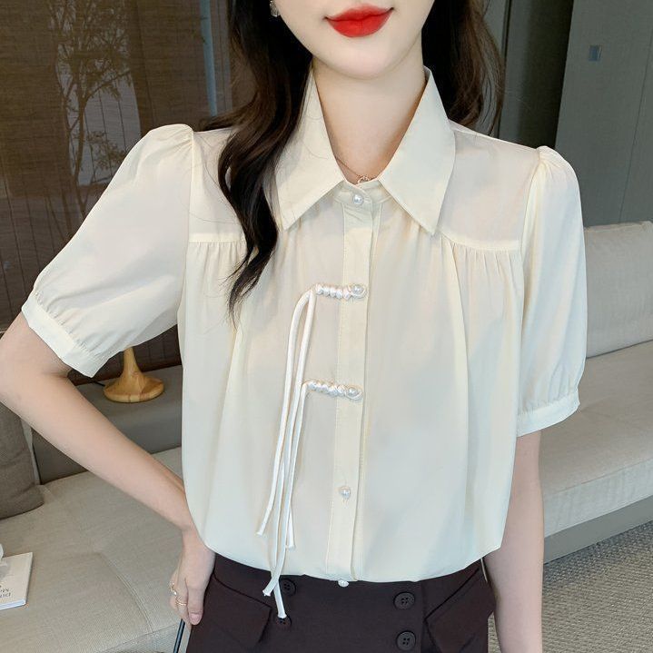 여성 여름 카라 블라우스 퍼프소매 스트링 단추 장식 데일리 복고풍 아이보리 - 메인 이미지