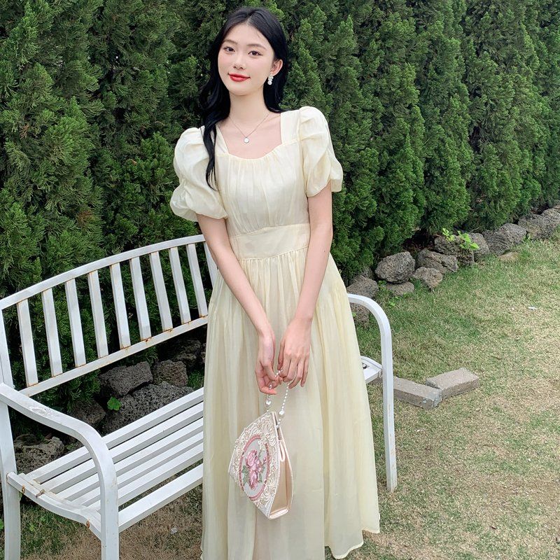 여름 여성 스퀘어넥 퍼프소매 밴딩 허리 미디 원피스 A라인 데일리 캐주얼 아이보리 - 상품 이미지