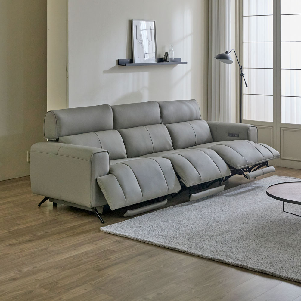 헤르짐머 오브 전동 리클라이너 천연 가죽 소파 스툴미포함, 그레이, 4인용