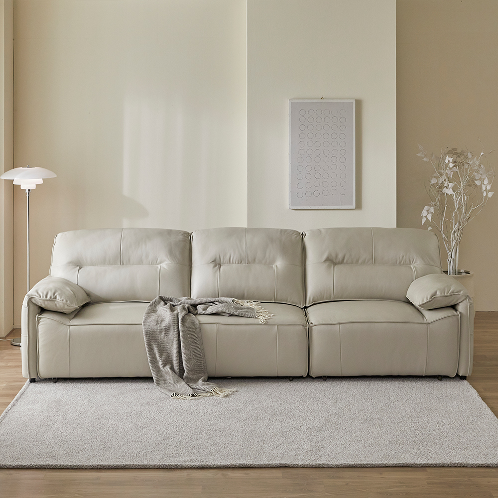 헤르짐머 르엔느 전동 리클라이너 슬라이딩 천연 가죽 소파 스툴미포함, 웜그레이, 4인용