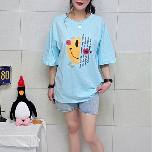(국산면원단/국내자체생산) T1059 남녀공용 온스마일 오버핏 반팔 티셔츠 30대40대여성의류 - 상세 이미지 2