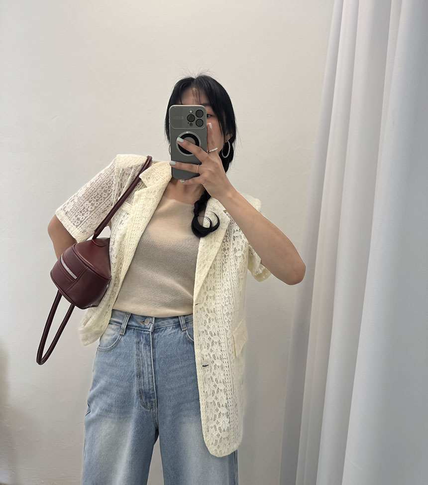 반팔 자켓 레이스 뜨게 펀칭 패드 반팔 자켓 상세 이미지 19
