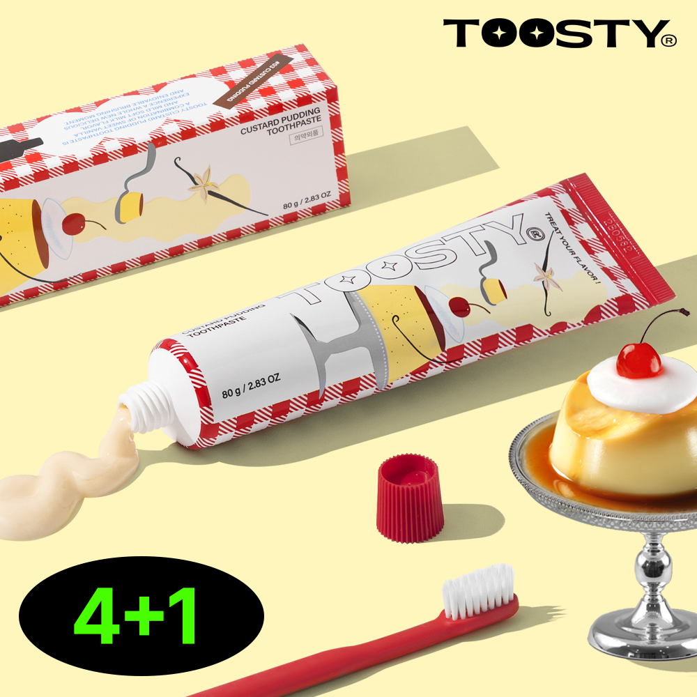 [투스티] 맛있는 커스터드푸딩 고불소치약 80g 4+1 / 불소1450 함유 충치케어 - 상품 이미지