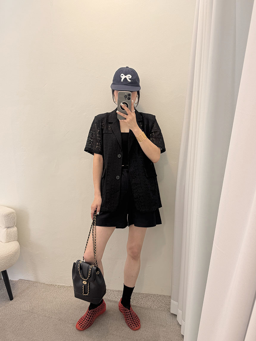 반팔 자켓 레이스 뜨게 펀칭 패드 반팔 자켓 상세 이미지 26