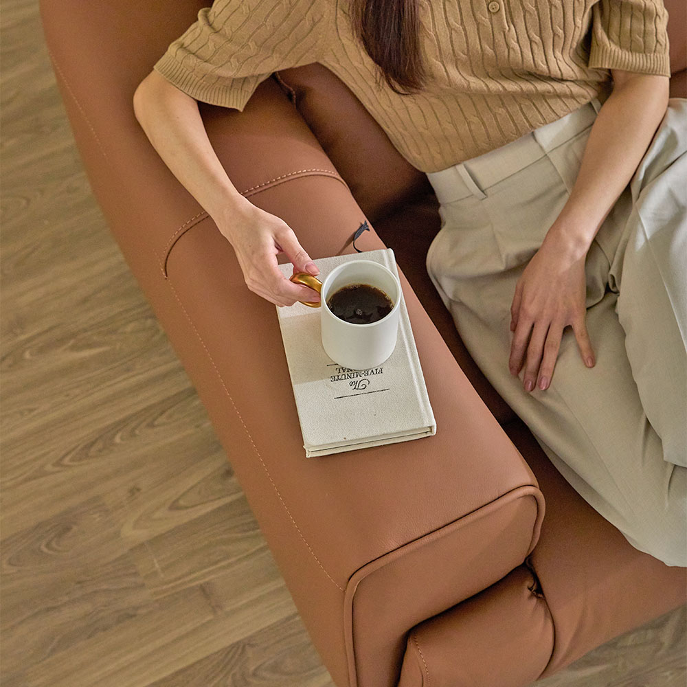 헤르짐머 오브 전동 리클라이너 천연 가죽 소파 스툴미포함, 브라운, 4인용