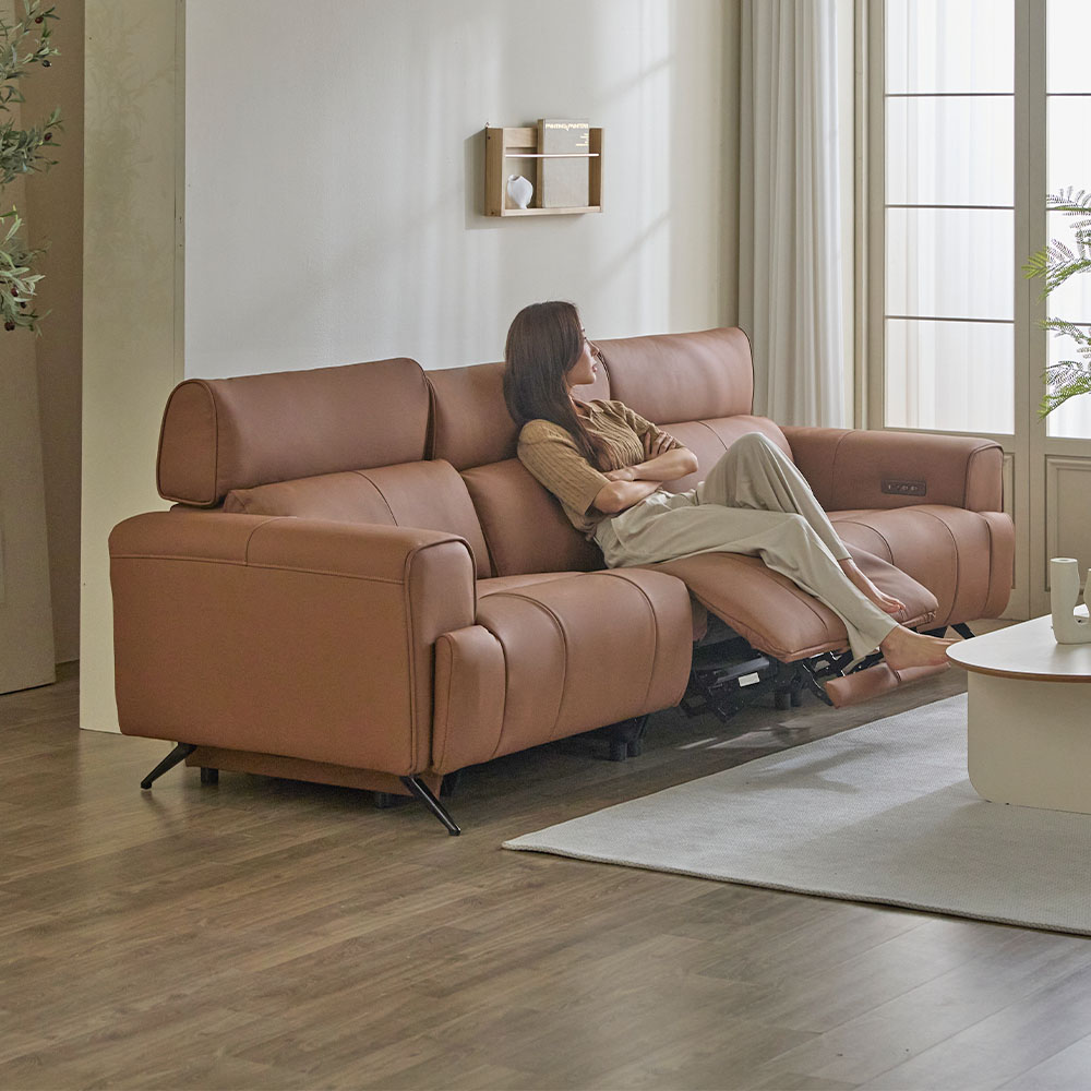 헤르짐머 오브 전동 리클라이너 천연 가죽 소파 스툴미포함, 브라운, 4인용
