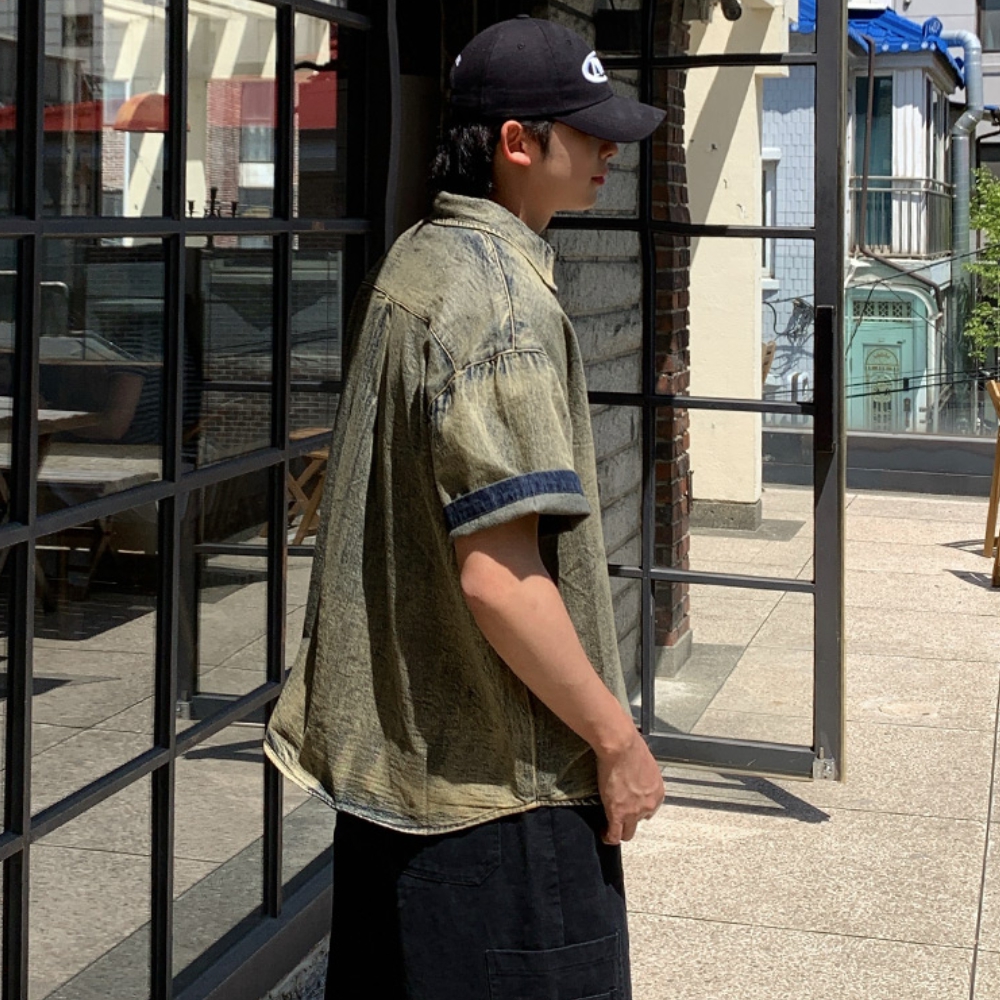 남자 벤키 루즈 오버핏 여름 빈티지 워싱 데님 반팔 셔츠 남방 - 상세 이미지 4