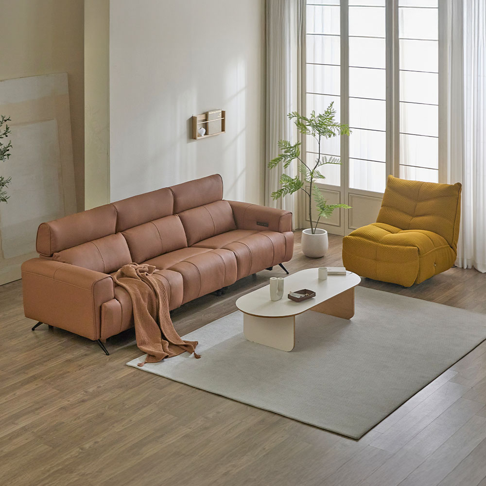 헤르짐머 오브 전동 리클라이너 천연 가죽 소파 스툴미포함, 브라운, 4인용