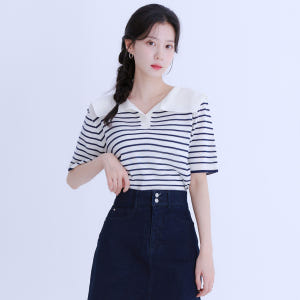[N배송] 로엠 카라 스트라이프 반팔 스웨터 RMKAE26R99 착용 후기 | 사이즈/핏 총정리 - 상품 이미지 1