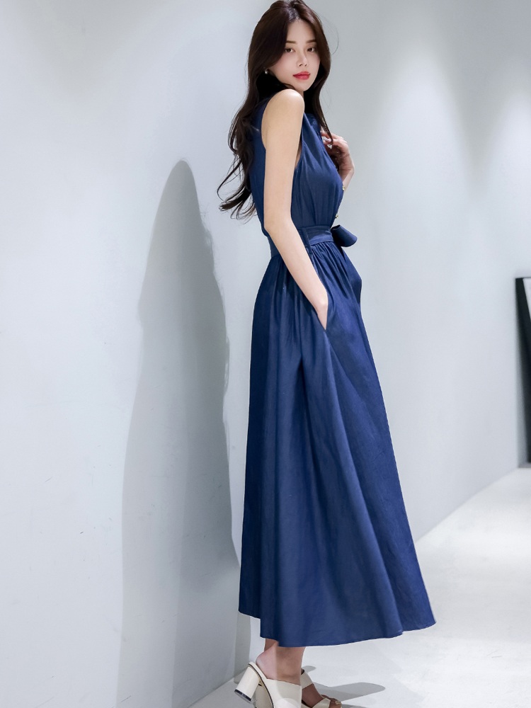 여름 데님스타일 슬리브리스 플레어 롱셔츠 원피스 네이비 블루 FREE - 상세 이미지 2