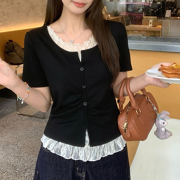 레이스 레이어드 반팔가디건 투피스같은디자인 빅사이즈 4XL까지 루즈핏 봄 여름 블랙 - 상품 이미지