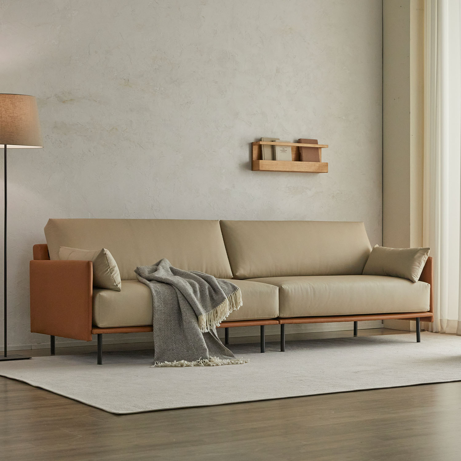 헤르짐머 폰드 모던 거실 인테리어 가죽소파 스툴미포함, 카멜베이지투톤, 4인용