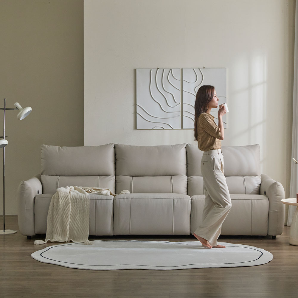 헤르짐머 모덱스 천연 가죽 3좌석 전동 리클라이너 소파 스툴미포함, 아이보리, 4인용