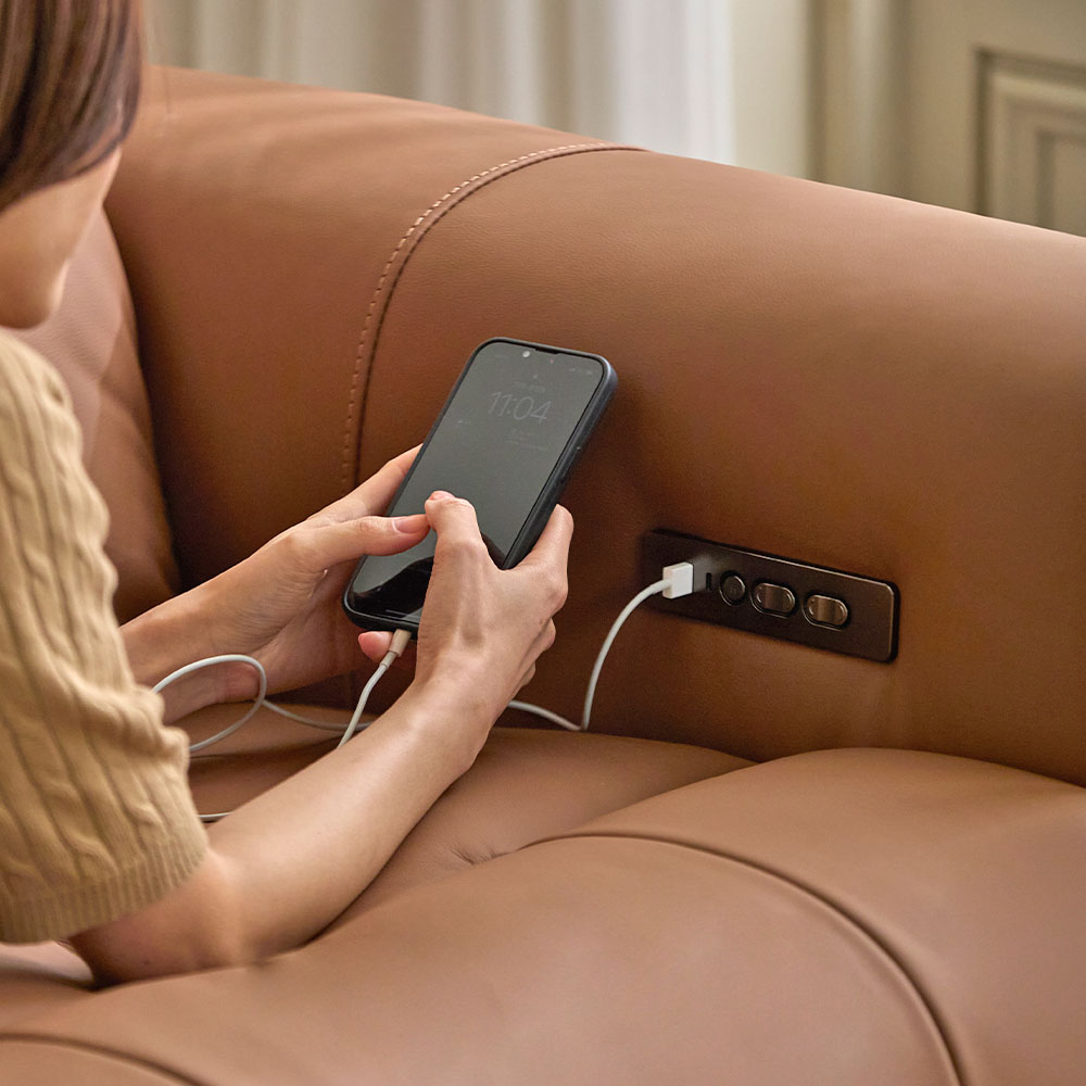 헤르짐머 오브 전동 리클라이너 천연 가죽 소파 스툴미포함, 브라운, 4인용