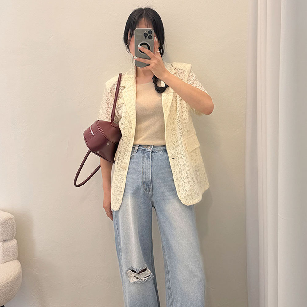 반팔 자켓 레이스 뜨게 펀칭 패드 반팔 자켓 상세 이미지 1