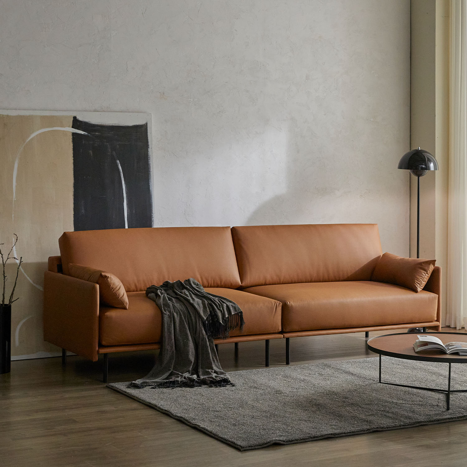 헤르짐머 폰드 모던 거실 인테리어 가죽소파 스툴미포함, 카멜브라운, 4인용