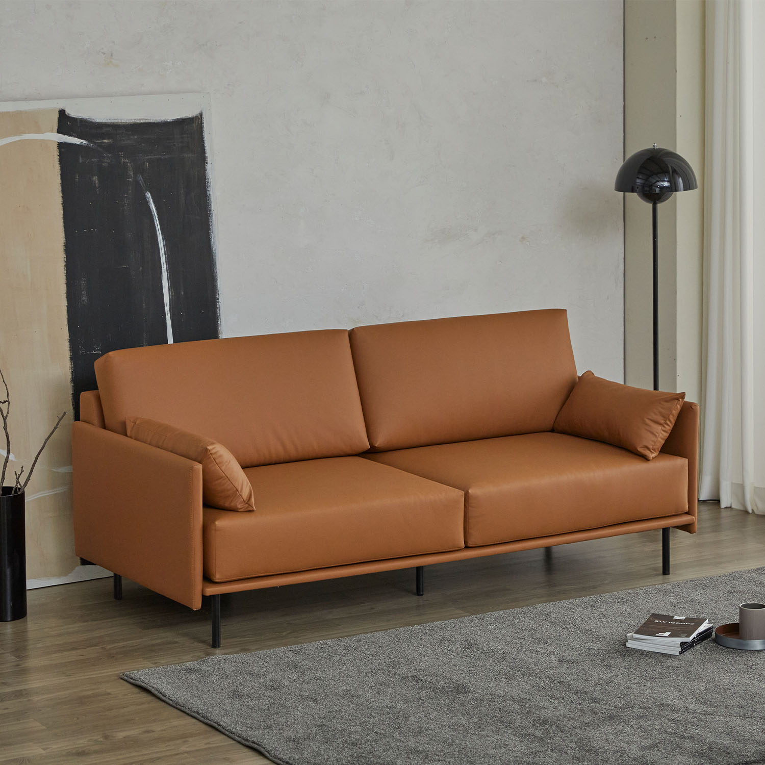 헤르짐머 폰드 모던 거실 인테리어 가죽소파 스툴미포함, 카멜브라운, 3인용