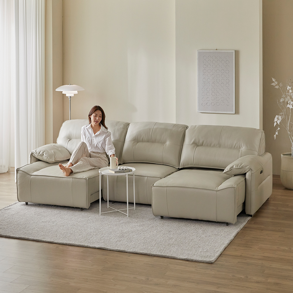 헤르짐머 르엔느 전동 리클라이너 슬라이딩 천연 가죽 소파 스툴미포함, 웜그레이, 4인용