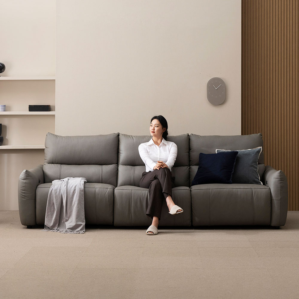 헤르짐머 모덱스 천연 가죽 3좌석 전동 리클라이너 소파 스툴미포함, 그레이, 4인용