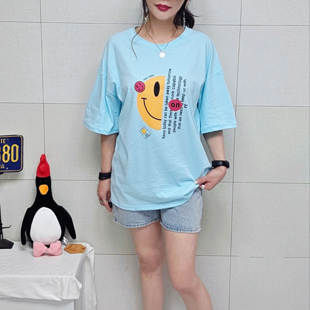 (국산면원단/국내자체생산) T1059 남녀공용 온스마일 오버핏 반팔 티셔츠 30대40대여성의류 - 상품 이미지