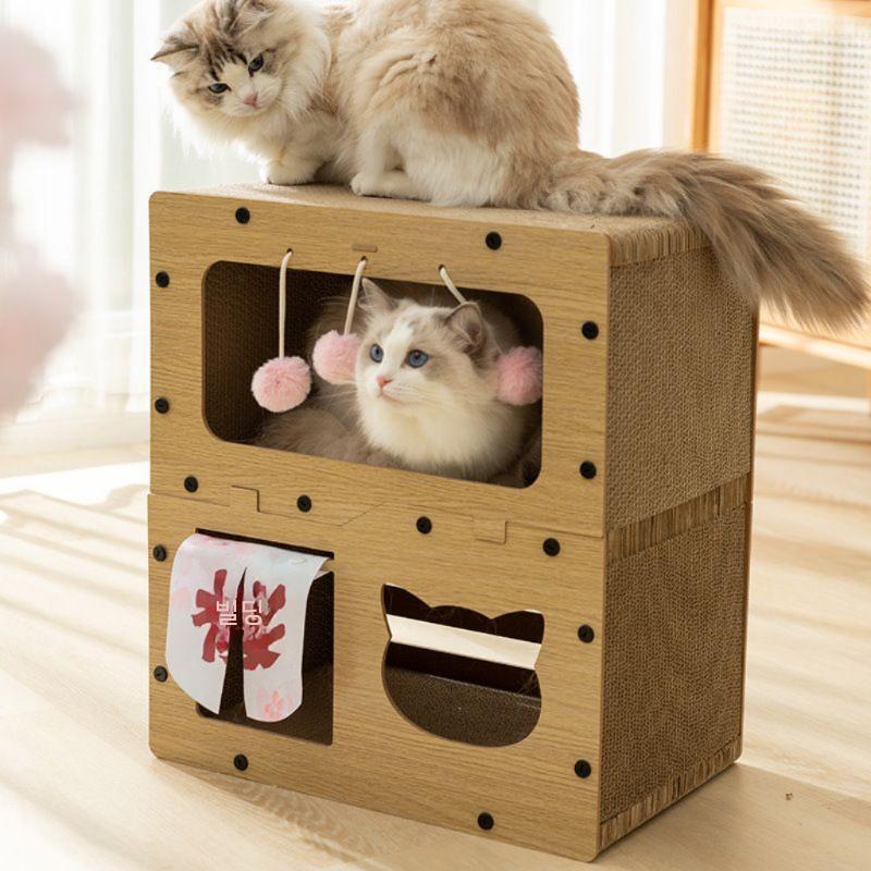 고양이 스크래쳐 하우스 수직 복층 장난감 2층 매달린 공 기본 - 메인 이미지