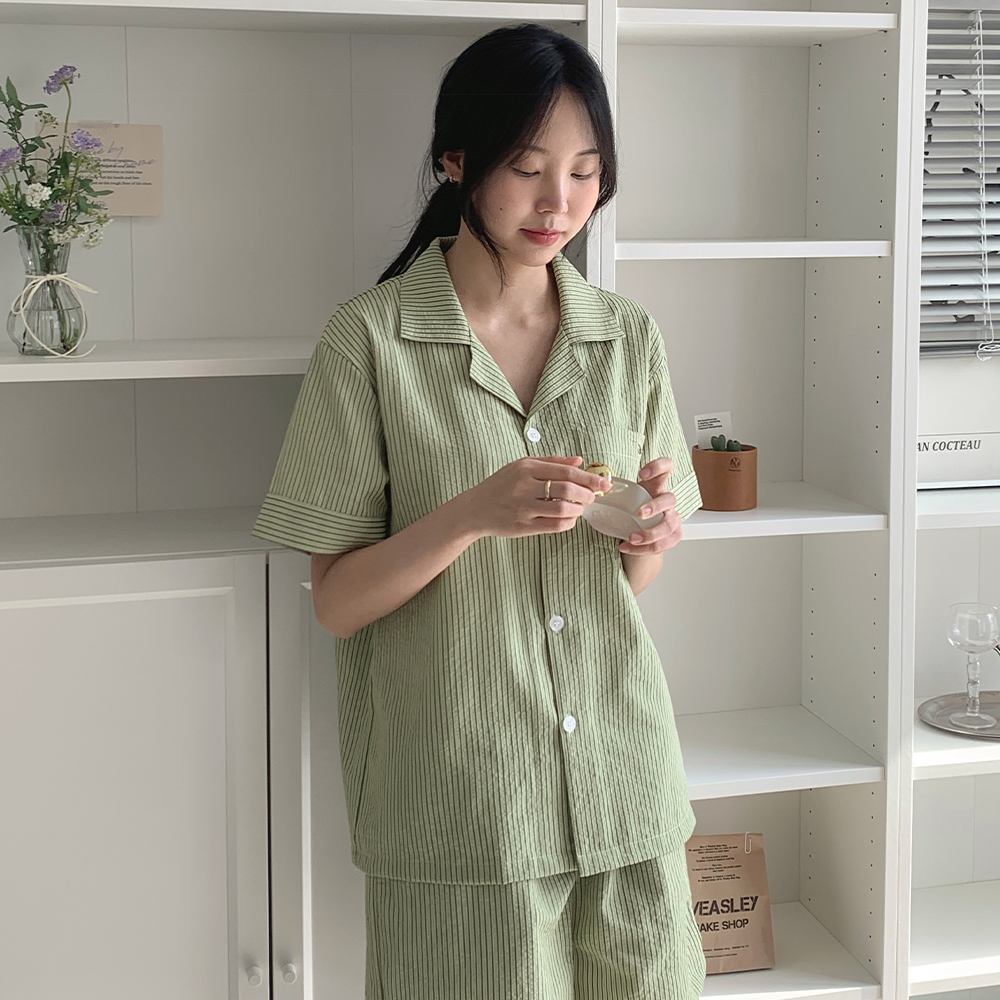 리버 시어서커 스트라이프 반팔 커플파자마 남녀공용 잠옷세트 2color - 상세 이미지 5