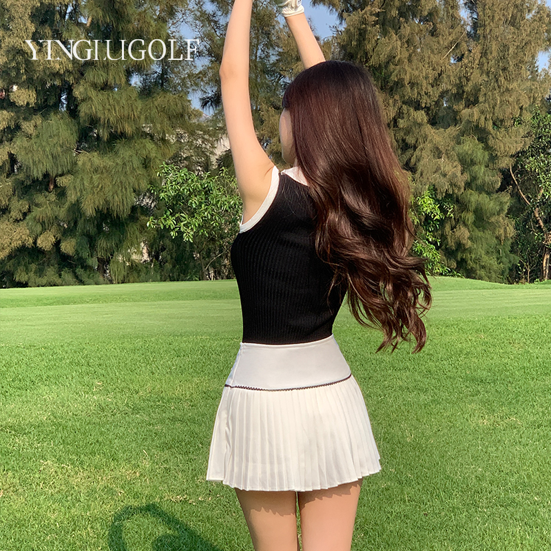 여성 골프복 테니스복 플리츠 스커트 폴로 배드민턴 셔츠 민소매 상의 세트 - 상세 이미지 5