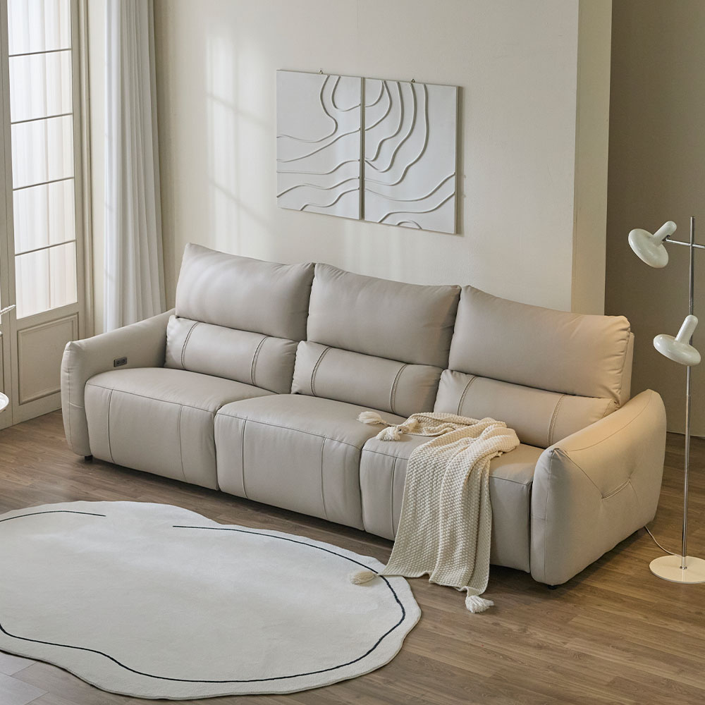 헤르짐머 모덱스 천연 가죽 3좌석 전동 리클라이너 소파 스툴미포함, 아이보리, 4인용