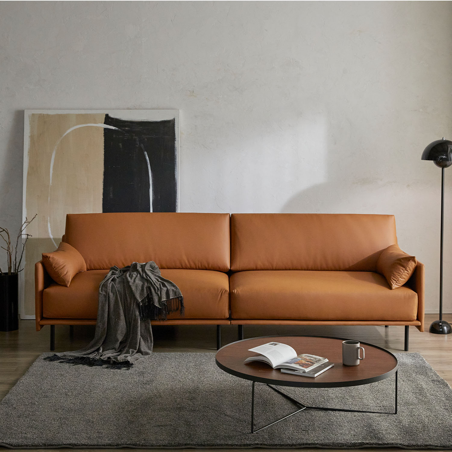 헤르짐머 폰드 모던 거실 인테리어 가죽소파 스툴미포함, 카멜브라운, 4인용
