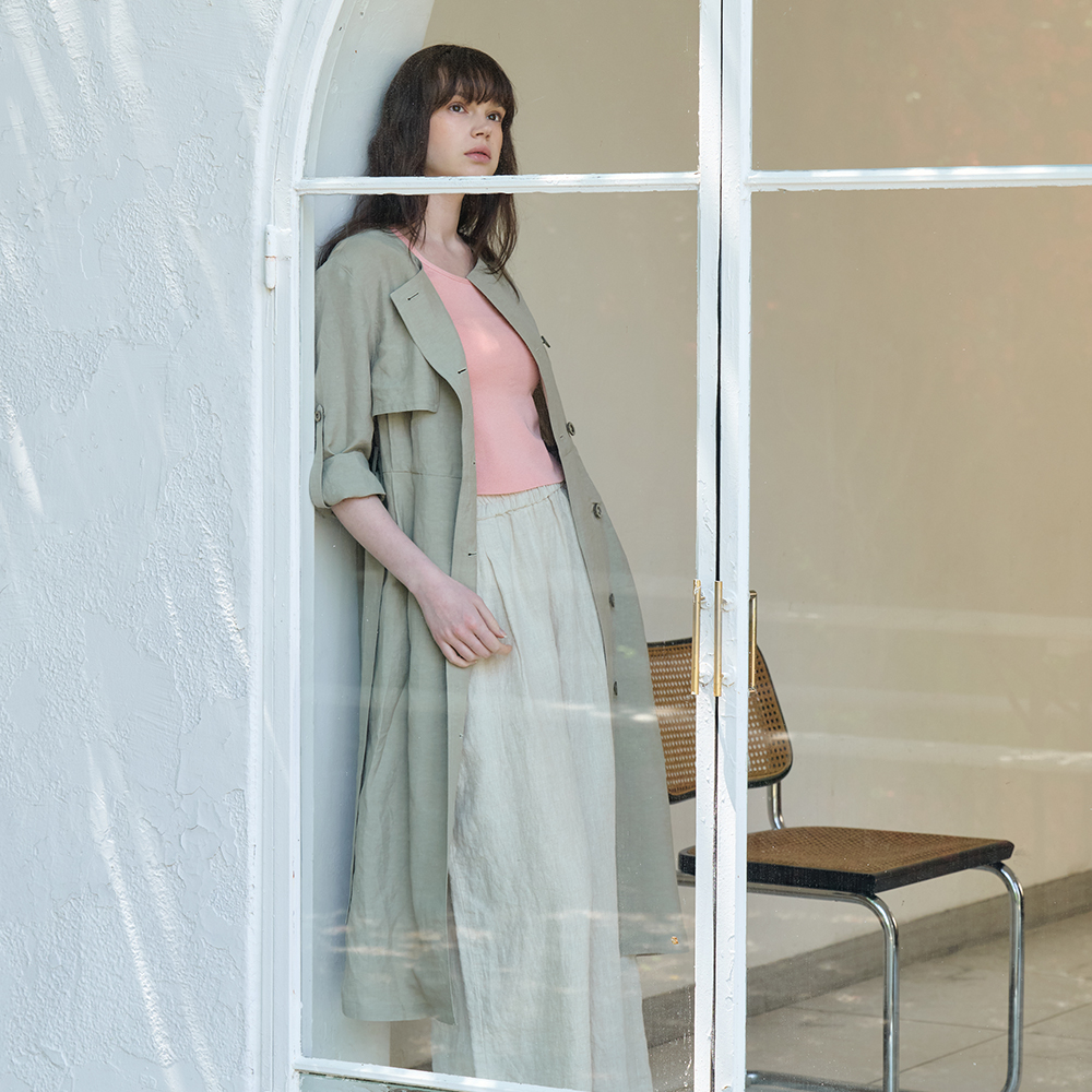 [프릭스 바이 김태훈] 핫섬머 린넨 블렌딩 하이웨이스트 트렌치 드레스_EUCALYPTUS [카키 베이지]