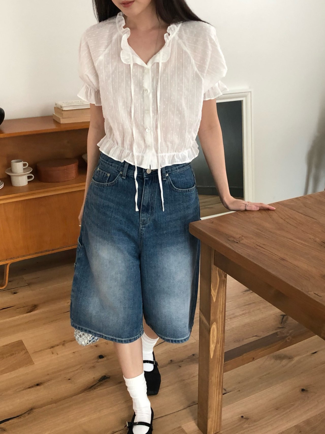 오버무드 여름 카펜터 흑청 중청 데님 청 와이드 5부 7부 버뮤다 데님 팬츠 2color - 상세 이미지 4