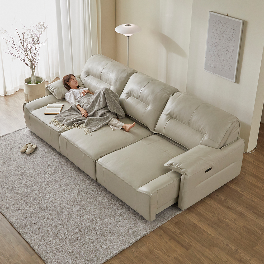 헤르짐머 르엔느 전동 리클라이너 슬라이딩 천연 가죽 소파 스툴미포함, 웜그레이, 4인용