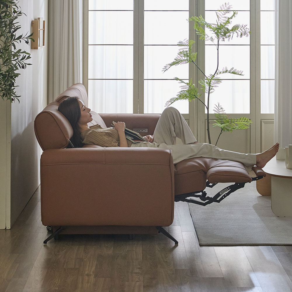 헤르짐머 오브 전동 리클라이너 천연 가죽 소파 스툴미포함, 브라운, 4인용