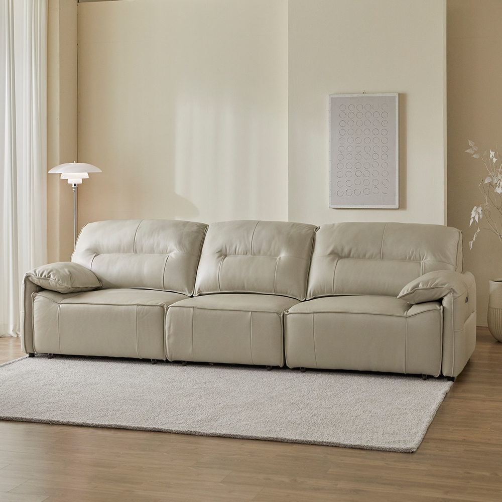 헤르짐머 르엔느 전동 리클라이너 슬라이딩 천연 가죽 소파 스툴미포함, 웜그레이, 4인용