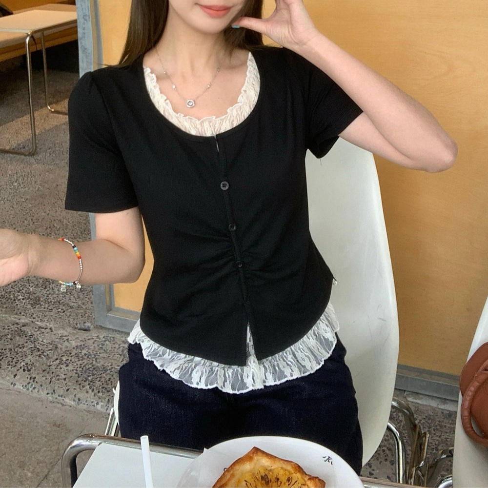 레이스 레이어드 반팔가디건 투피스같은디자인 빅사이즈 4XL까지 루즈핏 봄 여름 블랙 - 상세 이미지 4