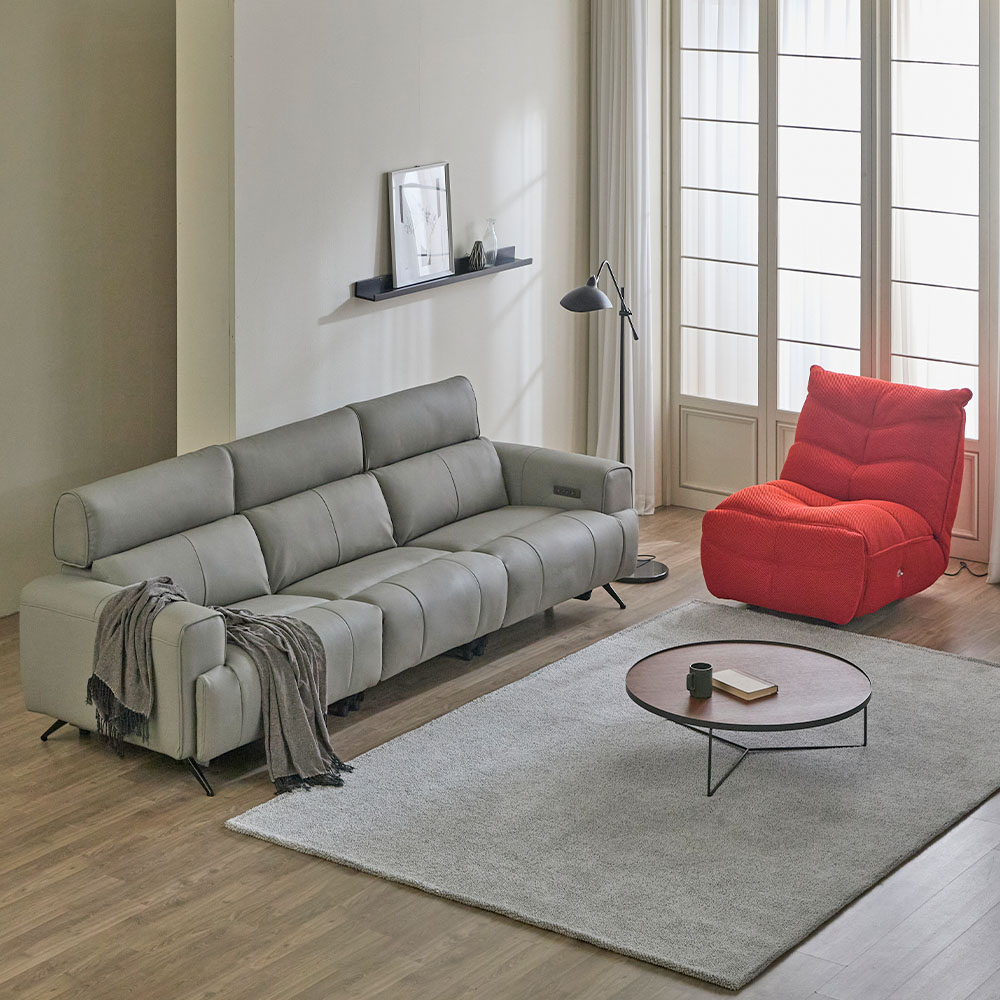 헤르짐머 오브 전동 리클라이너 천연 가죽 소파 스툴미포함, 그레이, 6인용