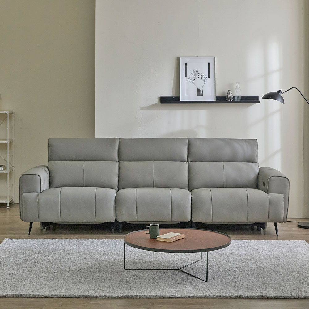 헤르짐머 오브 전동 리클라이너 천연 가죽 소파 스툴미포함, 그레이, 6인용