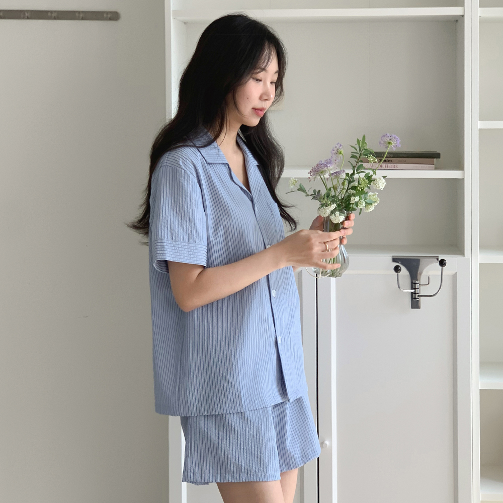리버 시어서커 스트라이프 반팔 커플파자마 남녀공용 잠옷세트 2color - 상세 이미지 2