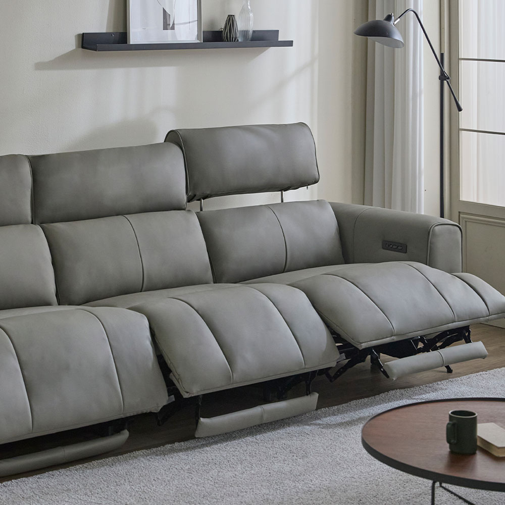 헤르짐머 오브 전동 리클라이너 천연 가죽 소파 스툴미포함, 그레이, 6인용